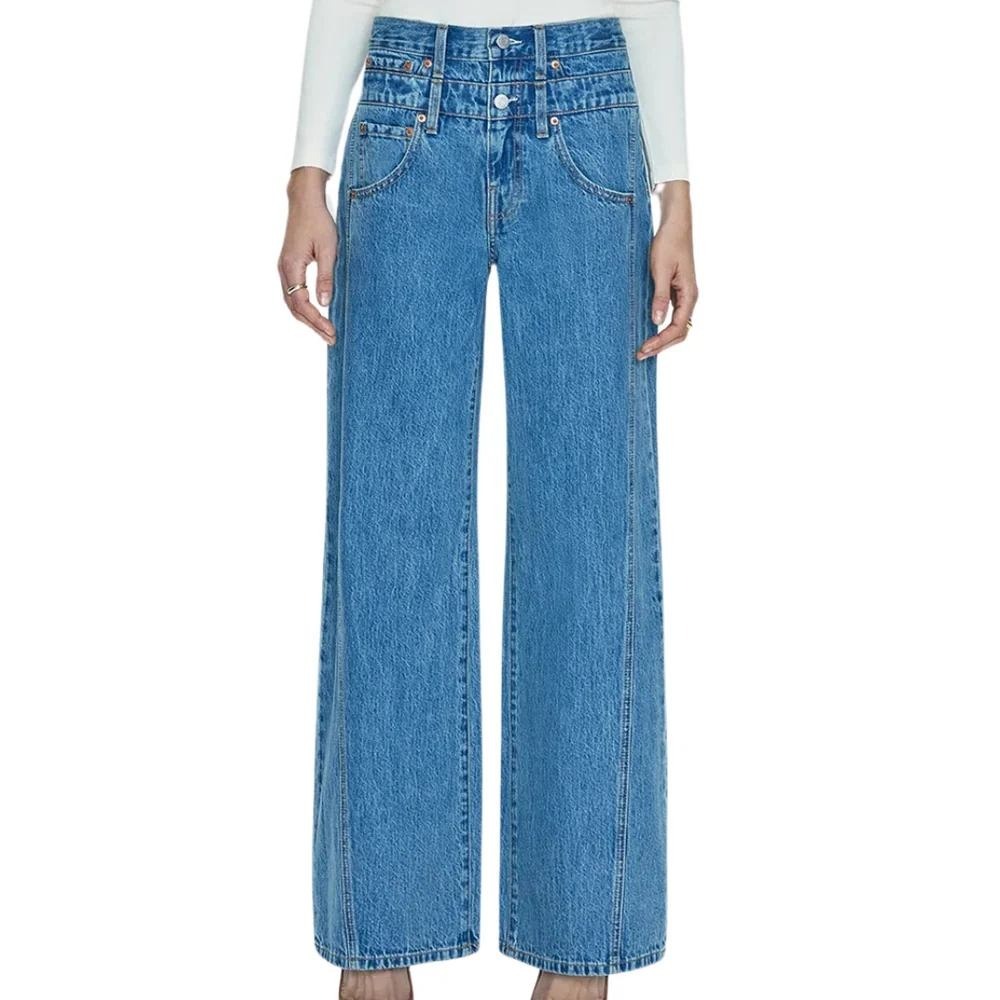Pistola Caleb High Rise Wide Leg Jeans Venue Blue Stacked Waist Side Seam Sz 26